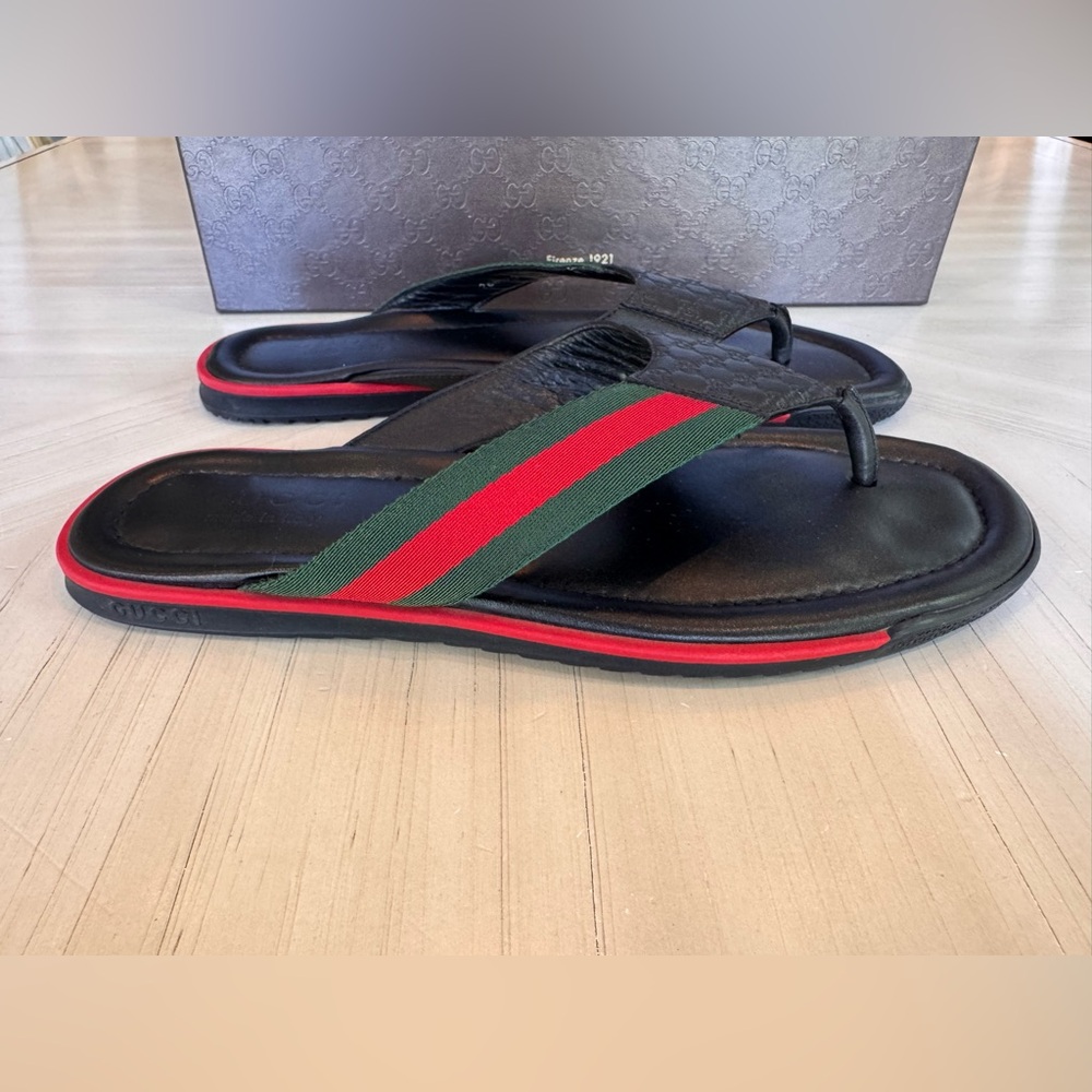 Gucci GG Microguccissima Web Leather Thong Sandals Men’s 9 Black Made in Italy - Picture 5 of 14